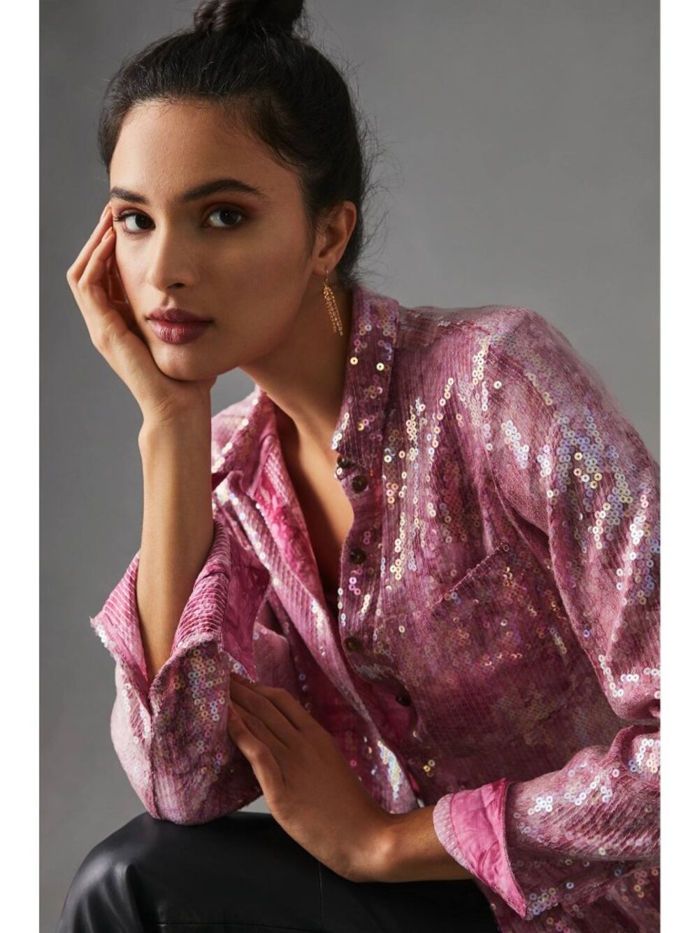 Anthropologie Pilcro Pink Sequin Button-Up Blouse Top Long Sleeves Size Large - Picture 15 of 16